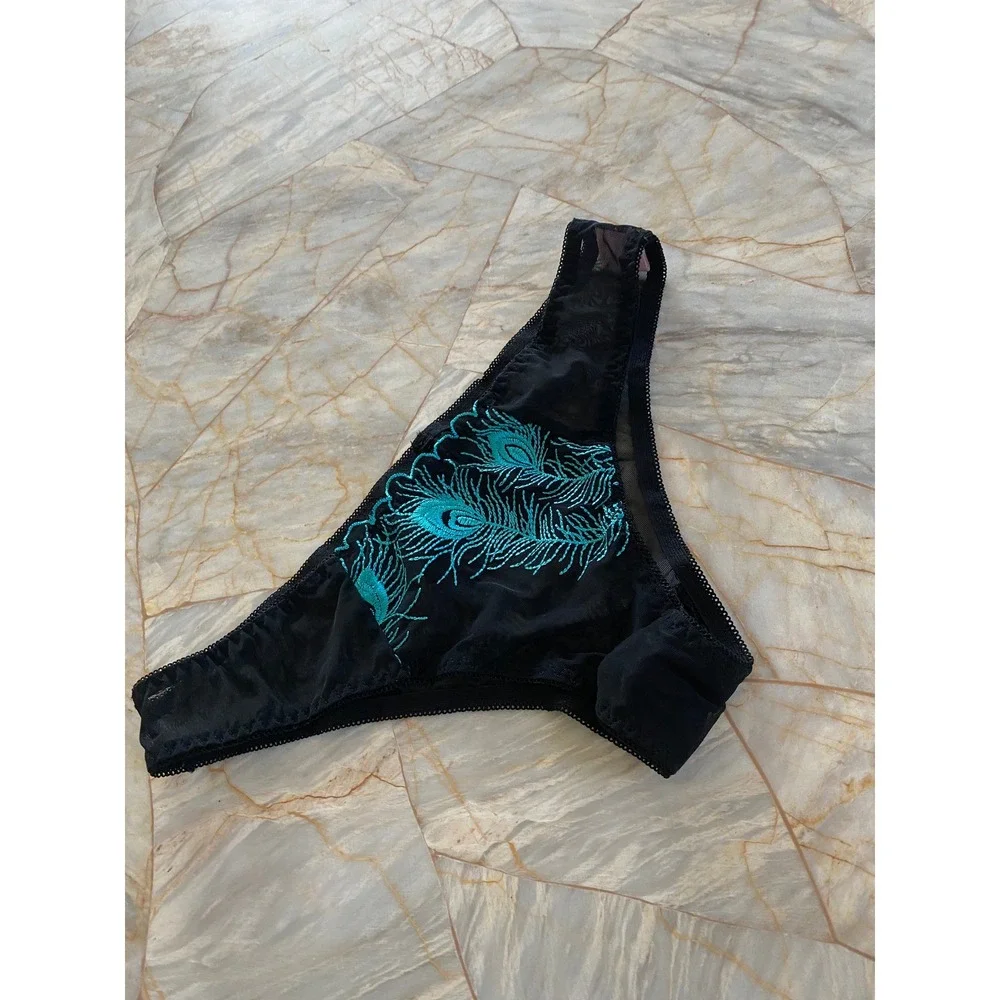Black Sheer Mesh Bikini Panty Teal Peacock Feather Embroidered Lingerie Mid Rise
